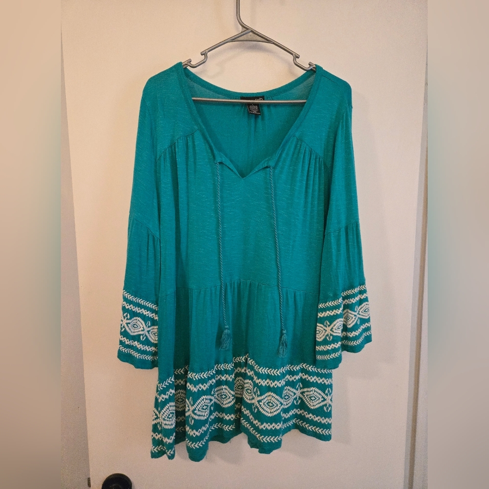 Teal Bohemian Dress with Patterned Sleeves